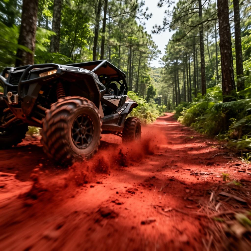UTV acelerando em trilha de terra vermelha na floresta de pinheiros