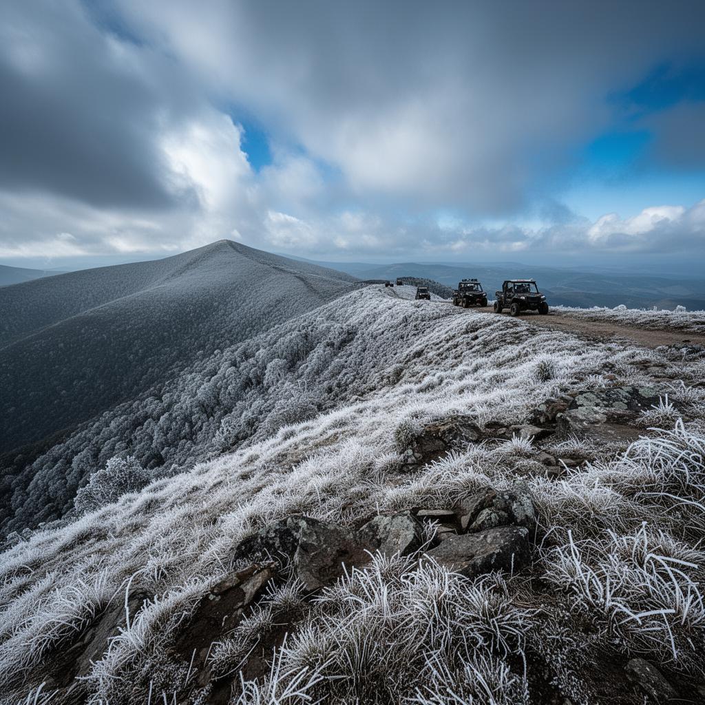 Expedição off-road em montanhas cobertas de geada no inverno de Urubici