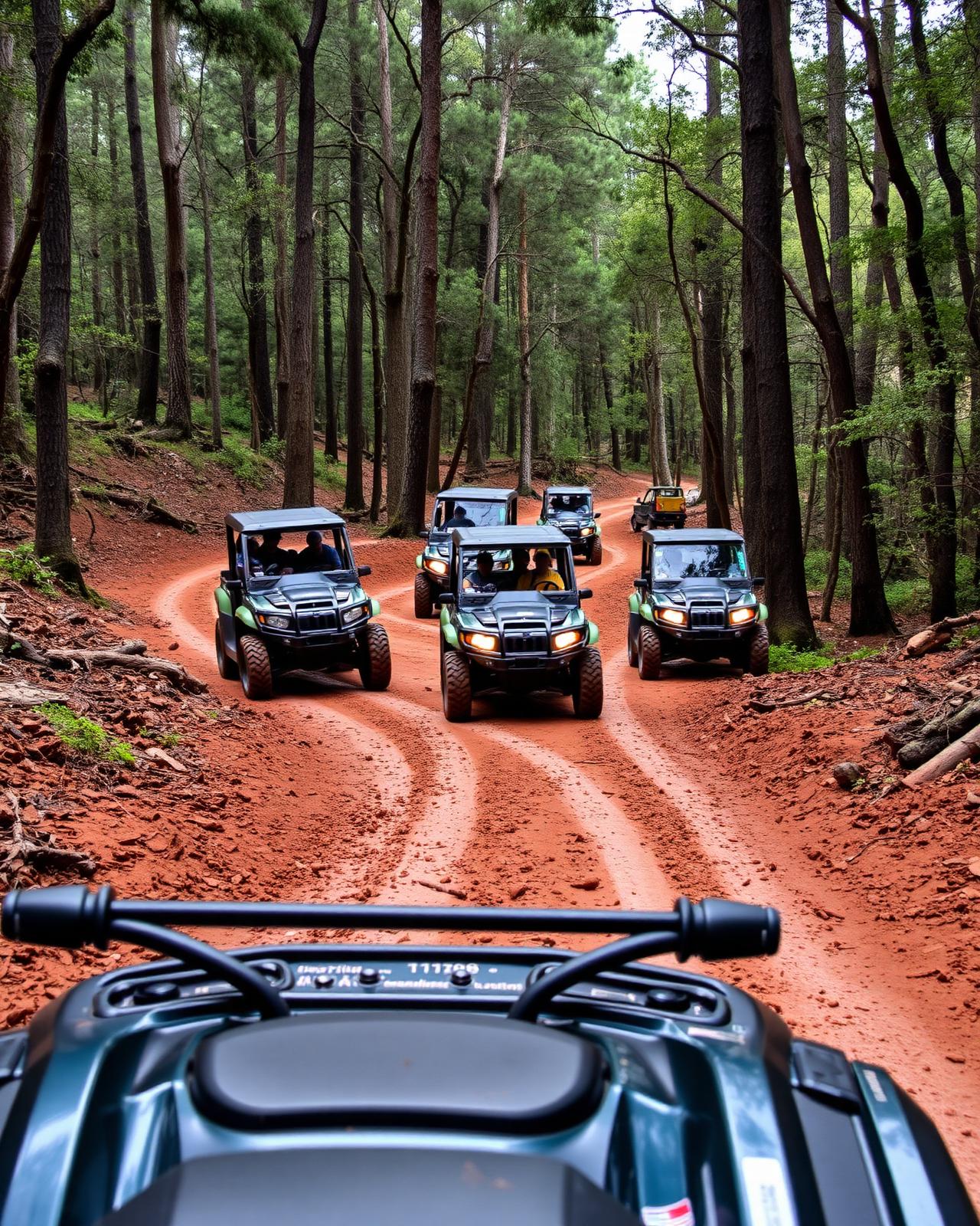 Comboio de UTVs em trilha na floresta